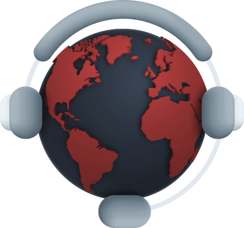 QTech Support, globe with headphone to represents global coverage, 24/7 supports